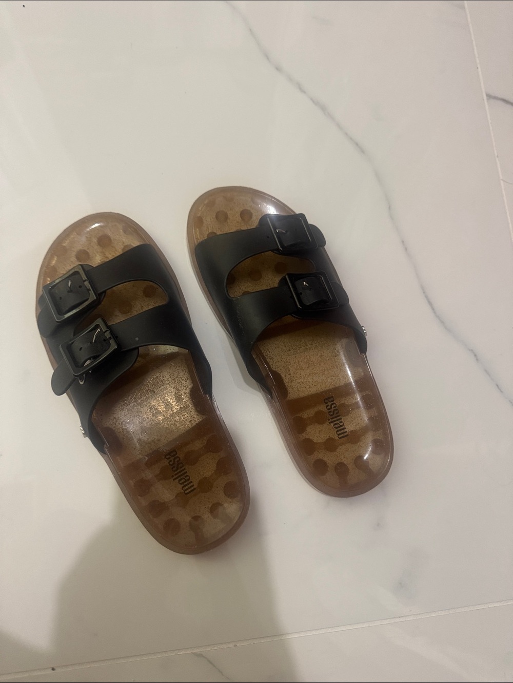 Melissa Black Double-Buckle Transparent Footbed Slide Sandals